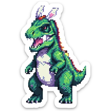 T-Rex with bunny ears and tail in pixel art style sticker
