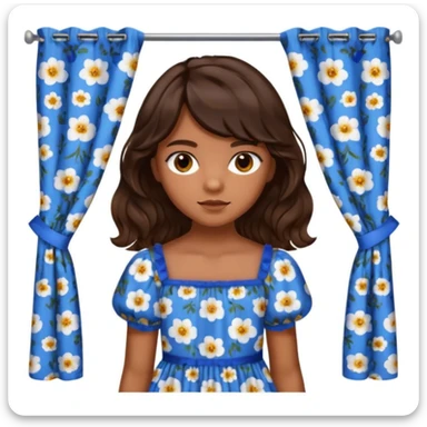 Teenage girl with golden brown skin, chocolate brown eyes, dark wavy hair with curtain bangs, and blue floral dress sticker
