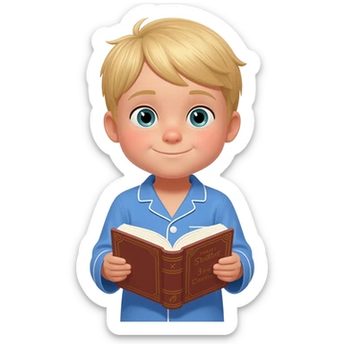 Create an emoji of the same blonde 3 year old as the first one you did. happy boy with blue-greenish eyes with blue pajamas on reading a kids bible sticker
