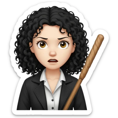 Hey, please generate me an emoji that depicts a woman white skin long black curly disheveled hair slightly thicker, she is wearing a white T-shirt and a black unbuttoned jacket she is furious she is holding a large wodden STICK  sticker