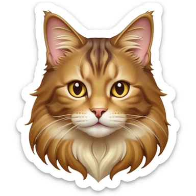 Cinematic Cute Maine Coon Cat Portrait Emoji, Head tilted playfully and inquisitively, sleek brown, gold, and cream tones, Simplified yet adorable features, highly detailed, glowing with a warm, friendly glow, high shine, curious and affectionate, stylized with a touch of whimsy, bright and alert, soft glowing outline, capturing the essence of a mischievous yet loving kitten, so endearing it feels like it could pounce out of the screen and play with its fluffy tail swishing! sticker