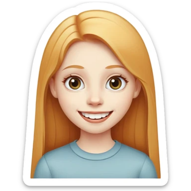 traditional simple emoji of young girl with very pale skin, long straight ginger blonde hair, big eyes, big smile with teeth showing, classic round face sticker