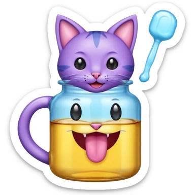 Smiling bottle of oil light purple top and light blue sticking tongue out and with cat ears sticker