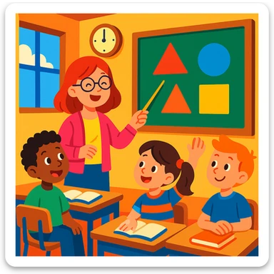 students in classroom, teacher explaining geometric shapes, colorful, cheerful, cartoon style sticker