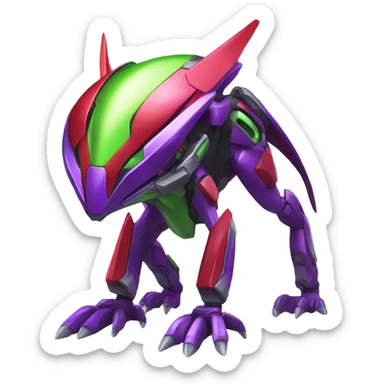 a shiny purple-green-red Genesect-Raptor-Fakémon—hybrid with a futuristic visor-helmet full body sticker