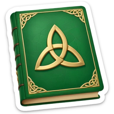 a green closed book with a golden triquetra sticker