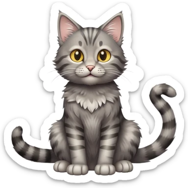 cinematic-[grey tabby cat]-realistic-full-body-sitting-emoji,-tail-curled-playfully-around-its-paws,-head-tilted-dramatically,-scruffy-[grey]-fur,-simplified-yet-realistic-focused-features,-highly-detailed,-glowing-with-an-almost-sarcastic-glow sticker