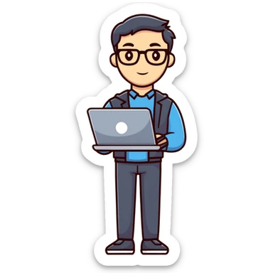 full body male teacher with attractive handsome face in casual clothes holding a laptop sticker