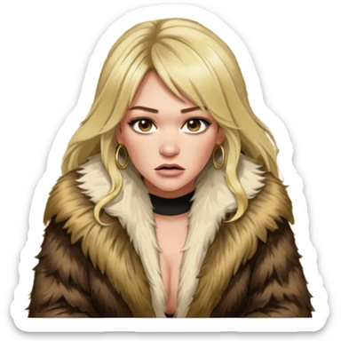 Cinematic Realistic Ultra HD -  Angry, High Nose - Glamour, Plunging Neck Hilary Duff Extreme Long Long Hairstyle in Shaggy Fur Coat with Gold Flash - Crouching on Kashmir Carpet sticker