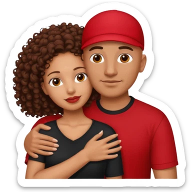 A picture of a tanned couple embracing. the guy is Mexican, with a bald hair cut and he is wearing a red shirt. the girl is mixed, the girl is wearing a black shirt, the girl has brown curly big hair and with big boobs  sticker