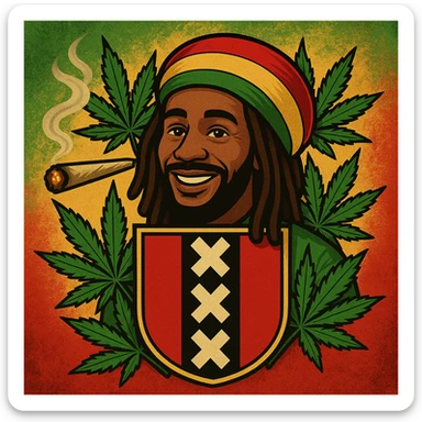 Create a digital illustration of a Rasta man with a friendly expression, wearing a red, gold, and green tam (Rastafarian hat), with dark brown skin and dreadlocks. Place him inside a bold, stylized Amsterdam coat of arms flag. The flag should have red, black, and gold tones with three white Xs in a vertical black stripe in the center. Surround the coat of arms with vibrant green cannabis leaves, a smoking spliff with rising smoke on the left side, and a textured reggae-colored background blending green, gold, and red. The style should be vintage, bold, and clean — like a high-quality reggae poster with modern emoji art flair. sticker