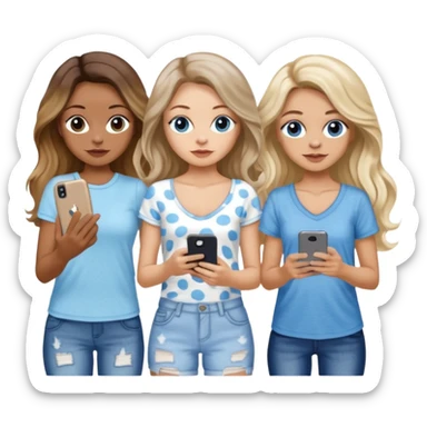 Three women in summer clothes holding iPhone, hazel eyed light skin with dark blonde long hair and Brown eyed,light skin, and brown long wavy hair, blue eyed light skin long blonde hair that have their 2 dogs that are blue spotted Merle Frenchie, black and tan chihuahua  sticker