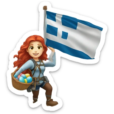 Female mountaineer red hair climbing with Greek flag and holding Easter eggs basket sticker