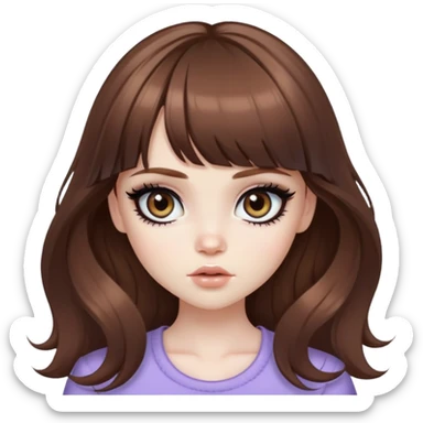 wavy brown long bangs hair, pale skin,  heterochromia iris, pretty bratz baddie, strong black eyeliner sticker