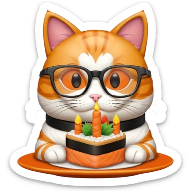 cat with cool square shaped glasses eating a birthday cake made out of sushi sticker