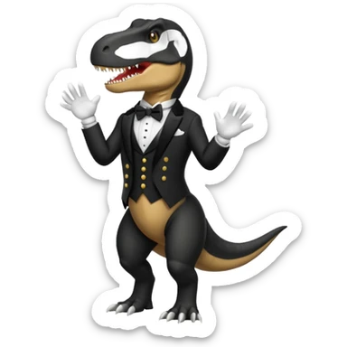T-Rex standing upright wearing classic butler uniform with black tailcoat white gloves and bowtie 1990s emoji style sticker