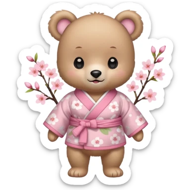 A cute baby bear character in pastel style, standing upright like a human. 
Light brown soft fur, large round ears, rounded paws and feet. 
Big cute black dot eyes, medium blush cheeks, and a tiny smiling mouth. 
Wearing a pink kimono with soft cherry blossom patterns on the sleeves and bottom,  sticker