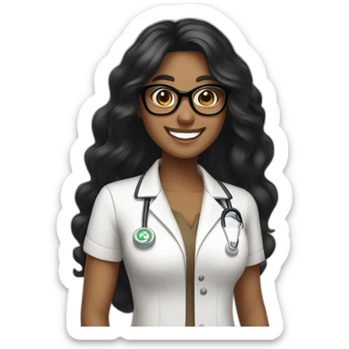 Pharmacist brown skin, long black hair, glasses and a big smile, femail sticker