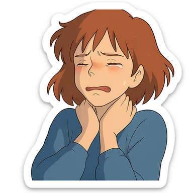 ghibli style girl with a pained expression, hands gently at her neck, soft lighting, emotional focus sticker
