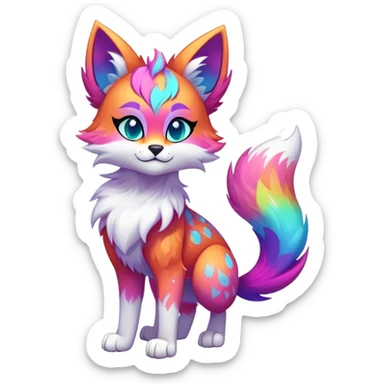 Vibrant multicolored neon-colored Falvie-Fionbri-creature-sparkle-feline-canine-hybrid-fursona, full body, fur pattern-markings sticker