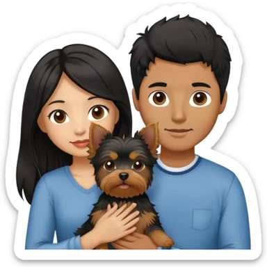A couple holding a small Yorkshire Terrier together. The girl is Asian with long, luscious wavy black hair (loose, no hair tie). She is next to her boyfriend, a brown-skinned man with a short middle part haircut sticker