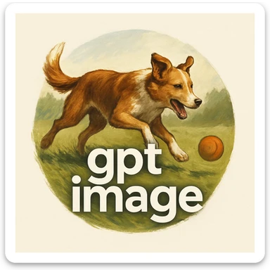  logo with text "gpt image" on the background of a dog chasing ball, realistic image sticker