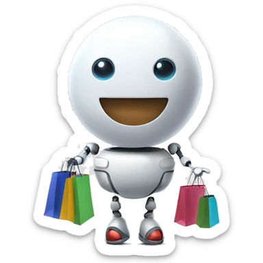 cute white floating spherical happy robot with shopping bags sticker