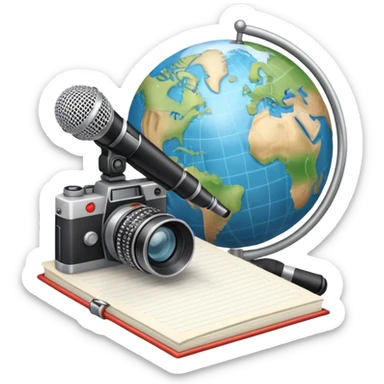 An icon showing a microphone, a notepad, and a camera, symbolizing journalism. The design includes a globe in the background, representing global news, and a breaking news banner for emphasis. Transparent background highlights the dynamic world of media and reporting. sticker
