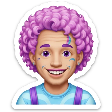 very cheerful colorful puffy violet curly haired man made out of cotton candy wearing teeth-braces and tattoos and face tattoos just face  sticker
