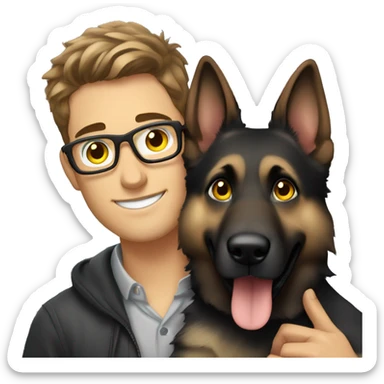 a handsome guy with brown hair, black thin stylish glasses and grey eyes hugging grey german shepherd with yellow eyes sticker
