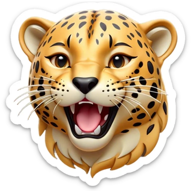 Cinematic Cute Yawning Jaguar Portrait Emoji, Head tilted slightly with a dramatic, wide-open yawn, showcasing a lithe, graceful build with distinctive rosette patterns and sleepy, half-closed eyes, Simplified yet irresistibly adorable features, highly detailed, glowing with a soft, cozy wild glow, high shine, relaxed yet expressive, stylized with a dash of whimsical feline charm, soft glowing outline, capturing the essence of a drowsy yet affectionate guardian that appears ready to stretch out for a nap! sticker