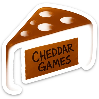 Make the cheese wedge darker while keeping it translucent and glowing. Add a piece of tape centered on the side with the text 'Cheddar Games' in messy Sharpie handwriting. Do not make it a sticker or change the cheese style. No background. sticker