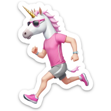 friendly anthropomorphised male white unicorn in grey shorts and pink t-shirt, wearing dark sunglasses, jogging upright in a relaxed pose sticker