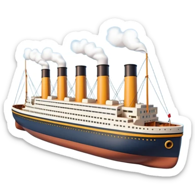A miniature 3D Titanic ship emoji in Apple style, small and compact with smooth glossy surface, bright clean colors, simplified but recognizable details like smokestacks and windows, no facial features, floating on calm ocean, soft shadows, high-quality render, isolated on white background.



 sticker