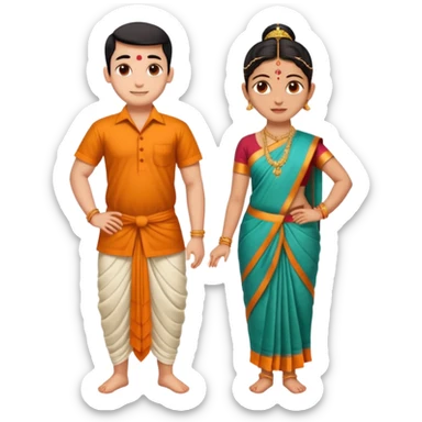 31 years young and small Brahmin boy with traditional formal cotton shirt and cotton lungi is pleasent peaceful thankful to 18 years young and fat and tall Brahmin girl with the complete decoration of bharatanatyam as godess lakshmi devi. sticker