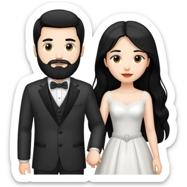 couple of newlyweds holding hands, white skin man with black hair and beard; white skin woman with long black hair and black eyes sticker