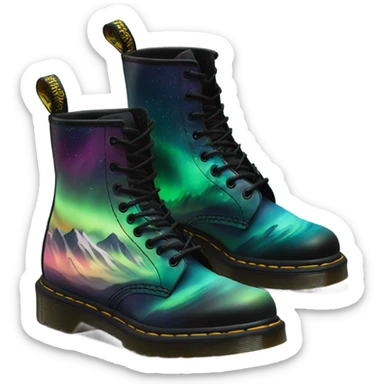 Realistic isolated pair of black Dr.Martens Jaddon Platform Boots with a Northern Lights Mountain Scene Painted on them.  sticker