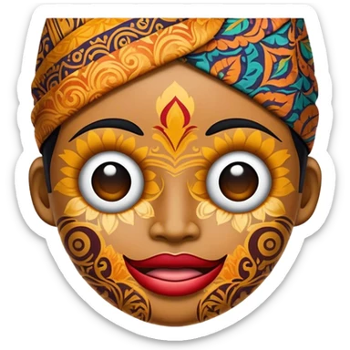 Cinematic Realistic Indonesian Batik Pop Culture Emoji, showcasing intricate, colorful batik patterns rendered with detailed textures and vibrant, cultural lighting. sticker