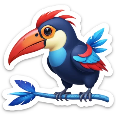Blue tropical toucan-fakemon-bird, with red long beak, with a blue lizard-tail curled inwards, Genshin Impact’s Dusk Bird sticker
