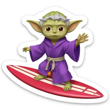 yoda in a purple robe flying in a rocket like surfing sticker