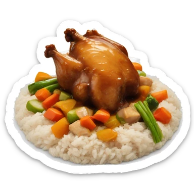 chicken in brown sauce over rice with veggies sticker