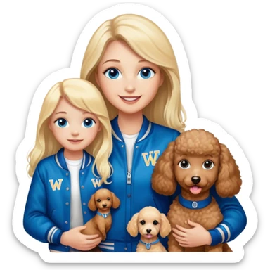smiling mother in letterman jacket with W and Blue eyes, two Little girls Long blond straight hair and Blue eyes and one brown poodle puppie sticker