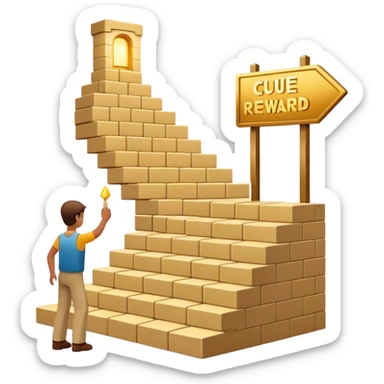 represents the habit formation process with a person stacking bricks to build a staircase, a signpost labeled "Cue → Action → Reward", and a glowing golden door at the top symbolizing success and transformation. Let me know if you need any tweaks! 🚀 sticker