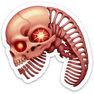 Minimalist emoji-style sticker of a ribcage x-ray with a curled-up demon inside, lines in faint white on black background, subtle red eye glow



 sticker