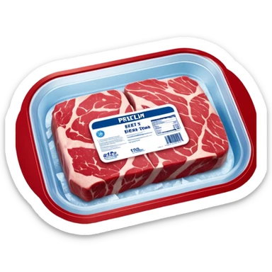 A vacuum-sealed plastic tray of frozen beef steaks, with visible frost and ice crystals on the meat surface. The label shows brand name, weight, and “Premium Beef Steaks.” The packaging has a transparent window revealing the red meat.  photorealistic food packaging. sticker