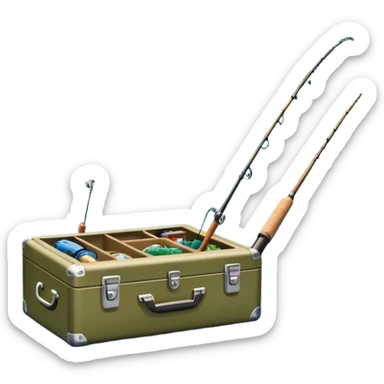 Icon for Fishing Travel: a fishing rod, tackle box and a boat on a calm lake surrounded by mountains and lush greenery, with fish jumping out of the water. The icon should capture the peaceful and adventurous nature of fishing trips. Transparent background. sticker