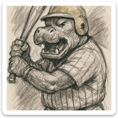 hippo holding a baseball bat, wearing a yellow helmet, pinstripes outfit sticker