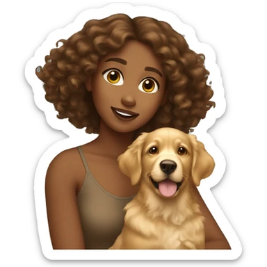 Brown girl with brown curly hair with a golden retriever puppy sticker
