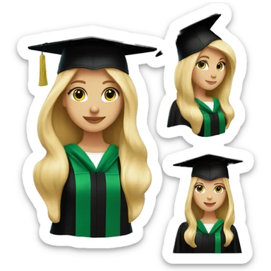 Blonde girl graduating with green accents on black cap and gown sticker