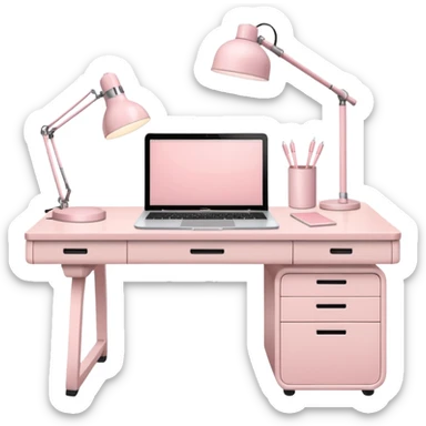 Pale Pink  Big Workstation desk and Light Pale Pink book and Light Pale Pink wide desk lamp and Light Pale Pink lap top sticker